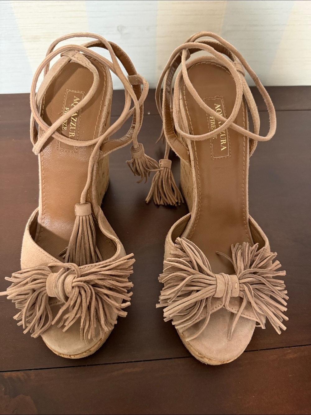 Aquazzura tan suede tassel-front lace-up wedge sandals